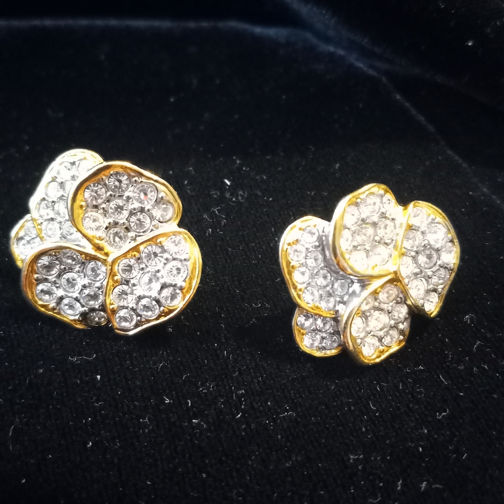 Gold-Tone Crystal Flower Stud Earrings - Clear Rhinestone Floral Earrings